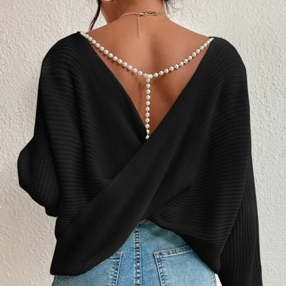 Black Crossover Back Beaded Pearls Pullover Sweater - Picture 3 of 4
